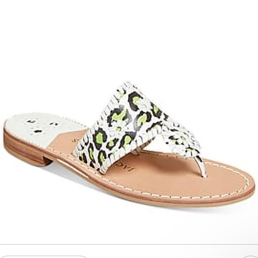 NWT Jack Rogers, Womens, White Neon Green Leopard Leather Thong Sandals, Size 8